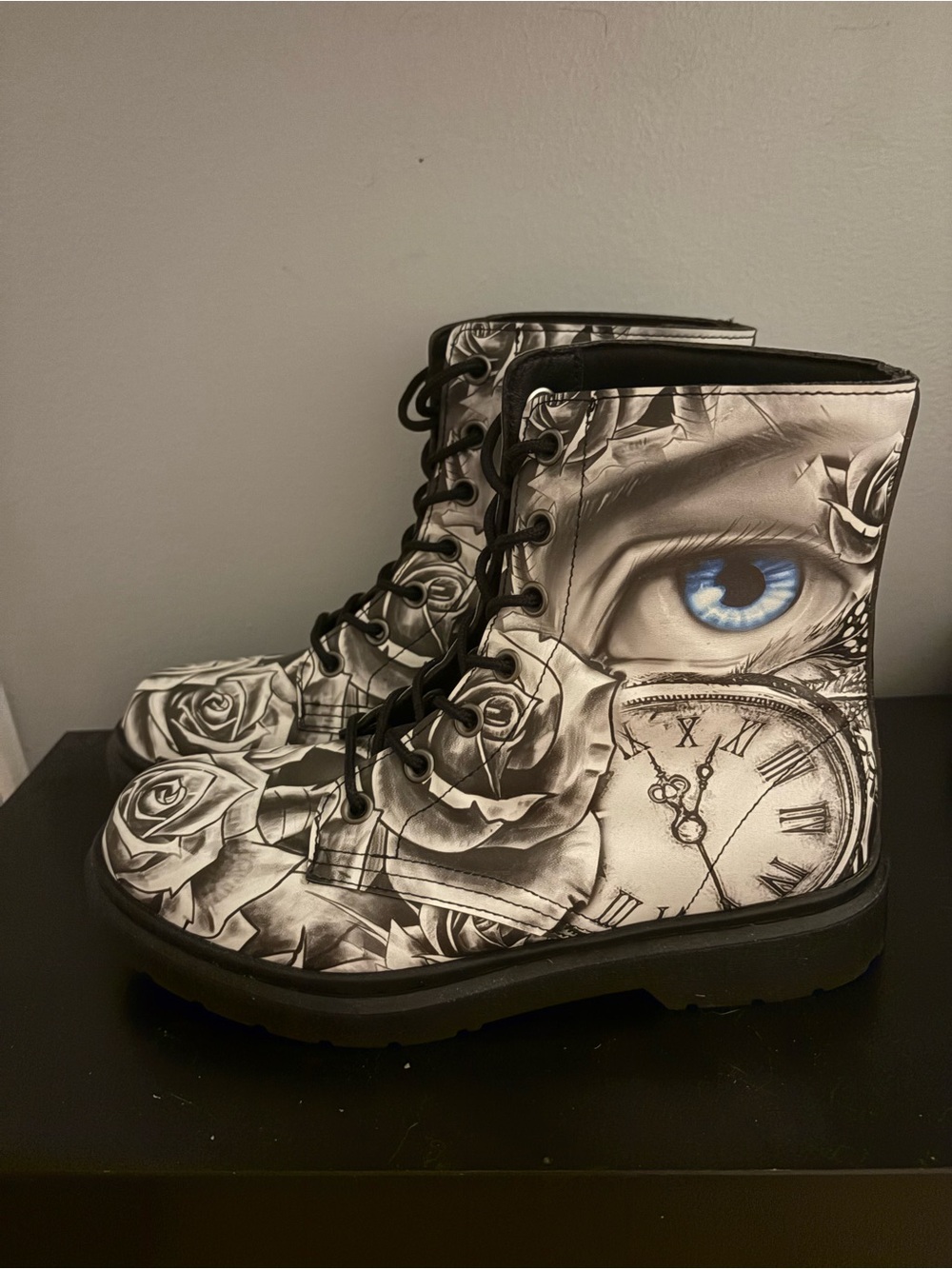 Black & White Rose Print Lace-Up Women's Boots - Picture 2 of 3